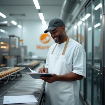 A man in an apron recording documents as part of a food manufacturing process